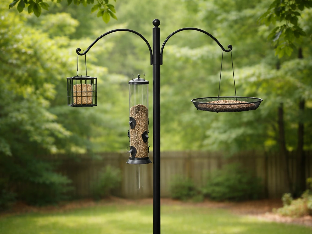Multi-arm bird feeder pole with suet cage, tube feeder, and tray feeder mounted on one post