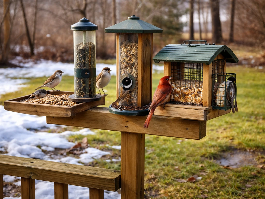 Songbirds visit tray, tube, hopper, and suet feeders in a Pennsylvania yard on a snowy-to-spring day.