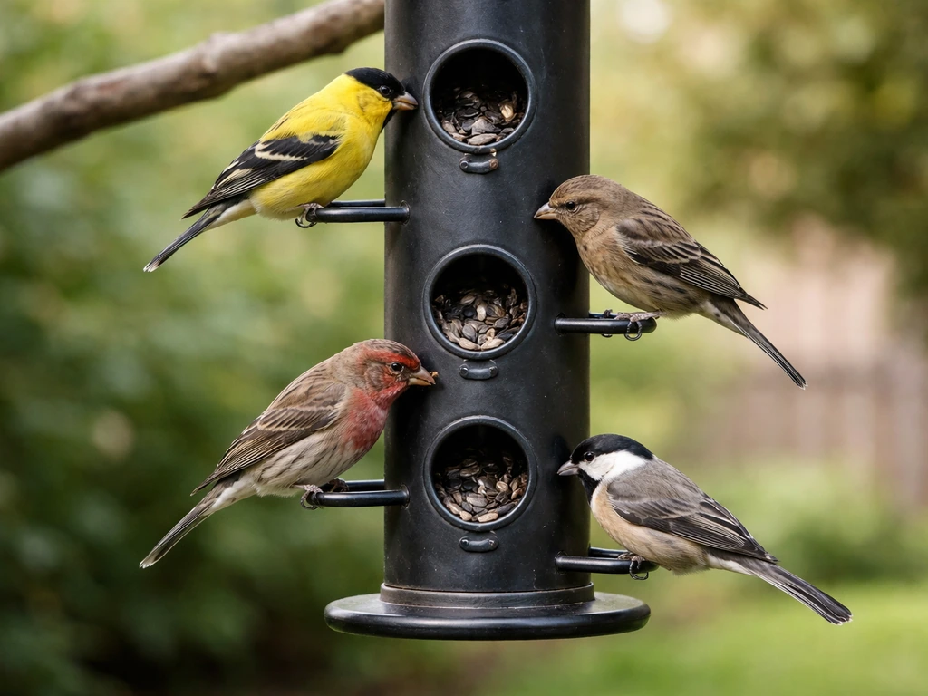 Close-up tube bird feeder with multiple seed ports and black-oil sunflower, small songbirds feeding.