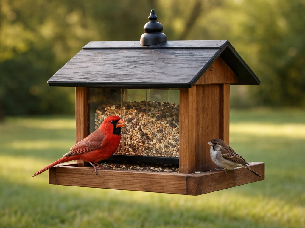 Cardinals and sparrows feeding from a roofed barn-style hopper feeder in a quiet backyard