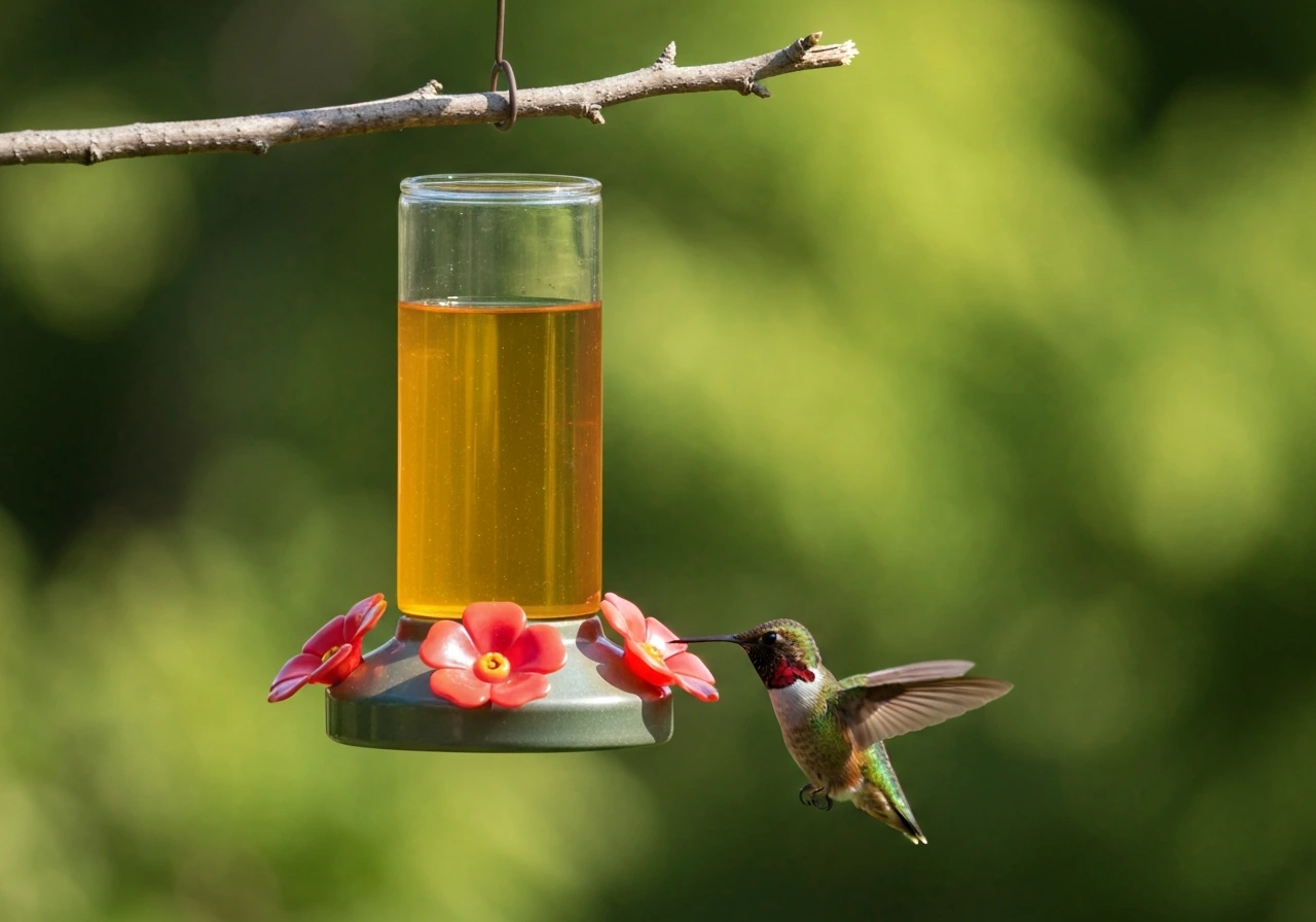 Ruby-throated hummingbird perched at the red ports of a glass hummingbird feeder filled with nectar.