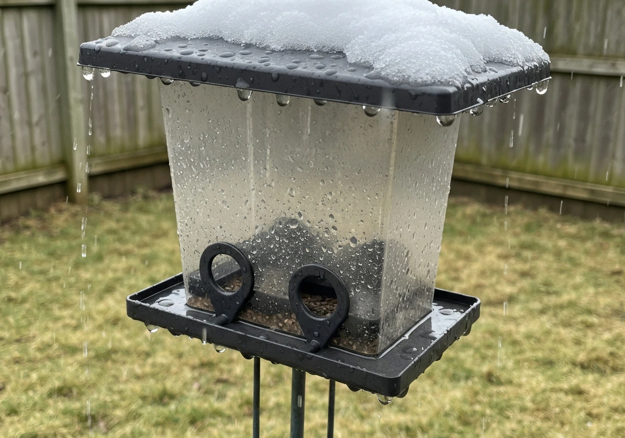 Outdoor bird feeder showing rain drip edge, protected ports, and light snow buildup on a simple yard stake.