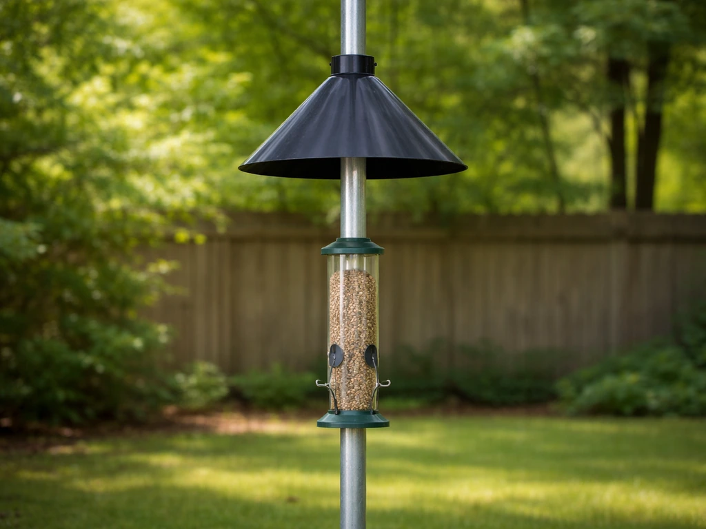 Smooth steel pole with a cylindrical baffle at proper height and a feeder mounted below in a backyard.