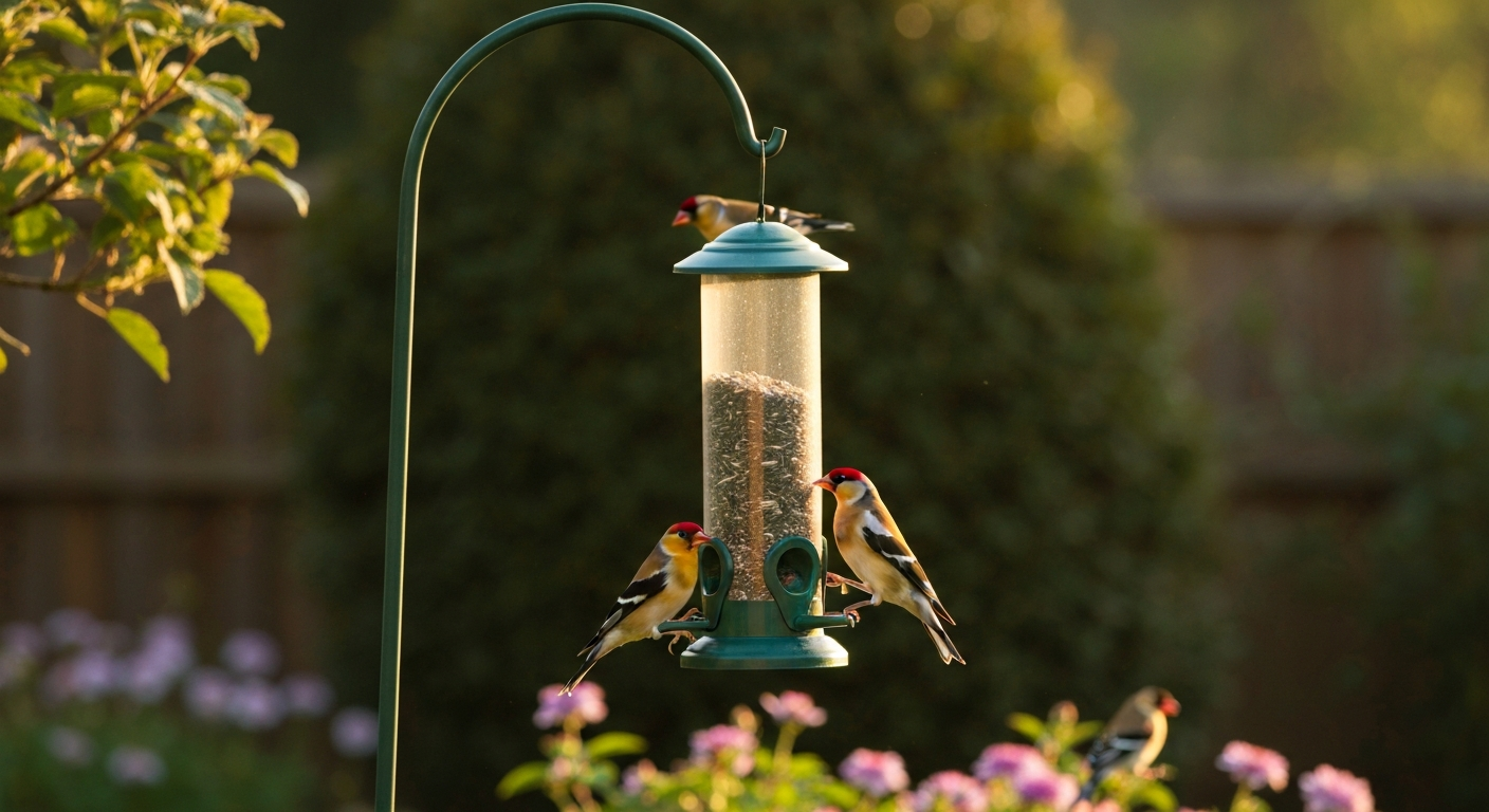 Goldfinch feeding from a thistle (Nyjer) feeder hanging in a backyard garden.