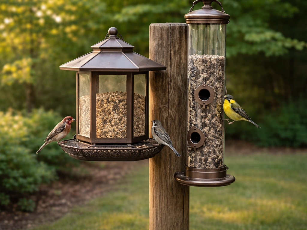 Backyard with two stylish bird feeders—lantern hopper and clear tube—mounted on a wooden post beside greenery