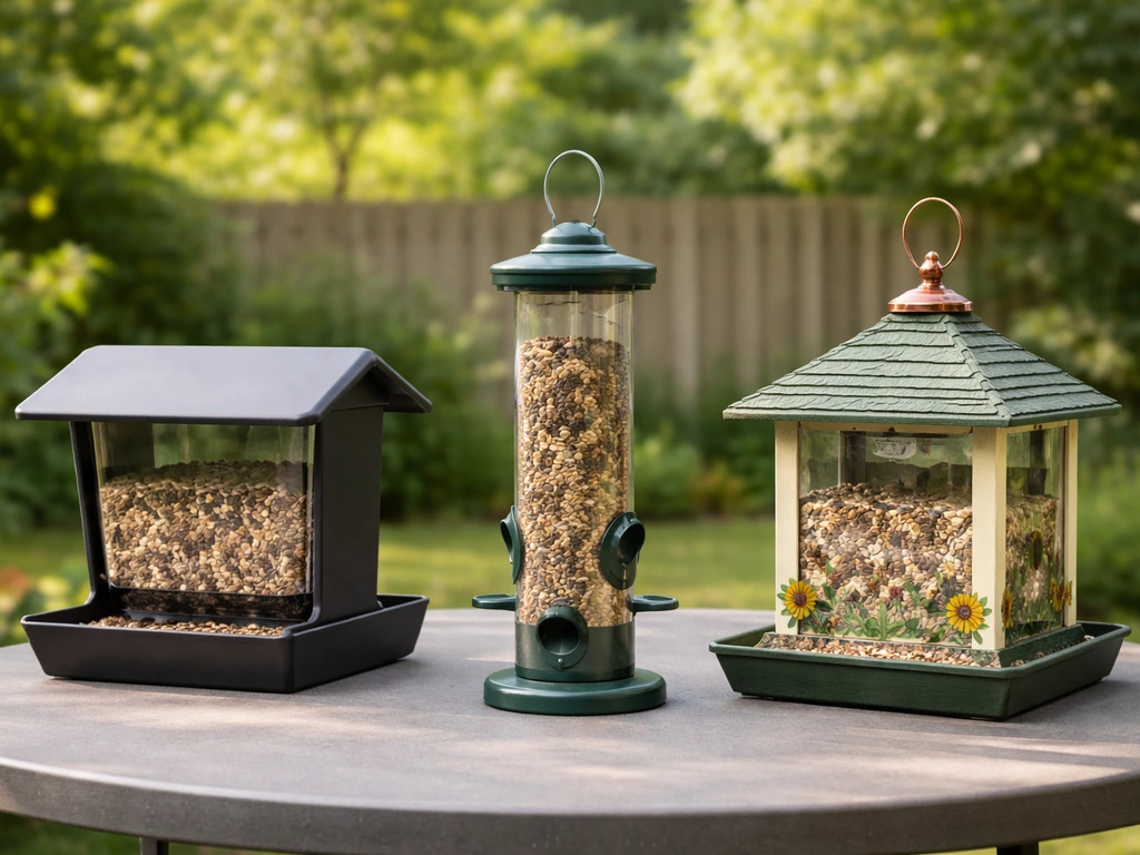 Three bird feeders in a tidy backyard, showing different flattering silhouettes and weathered-durable finishes.
