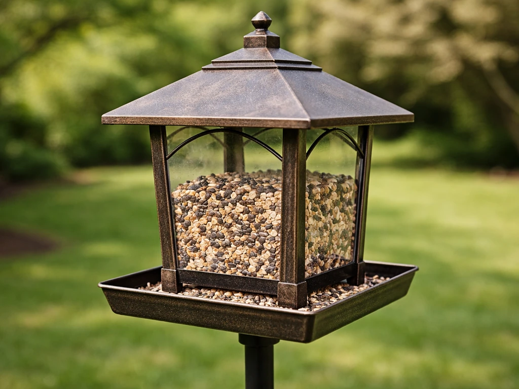 Close-up of a house-like hopper bird feeder with covered reservoir in a backyard yard.