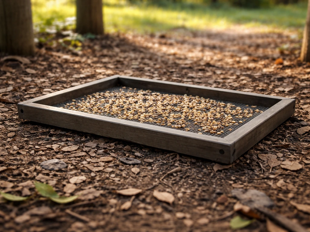Low-profile open platform bird feeder on the ground in a natural yard near posts and leaf litter.