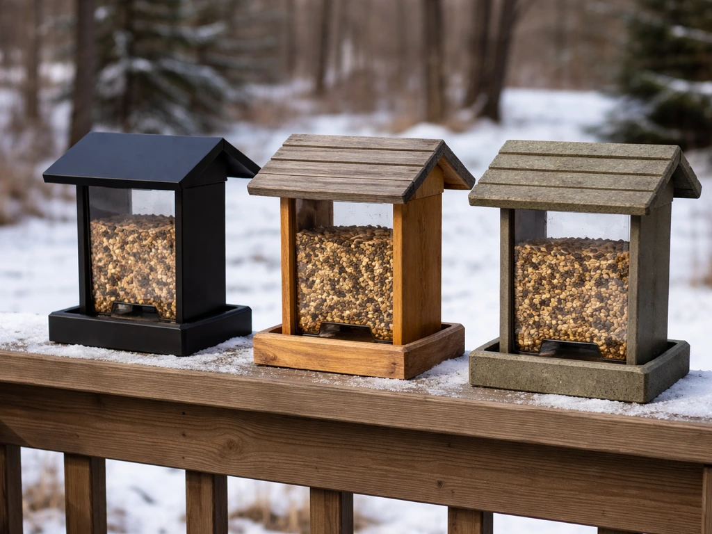Outdoor bird feeder in three finishes—fresh powder coat, weathered wood, and recycled plastic—against a snowy yard backd